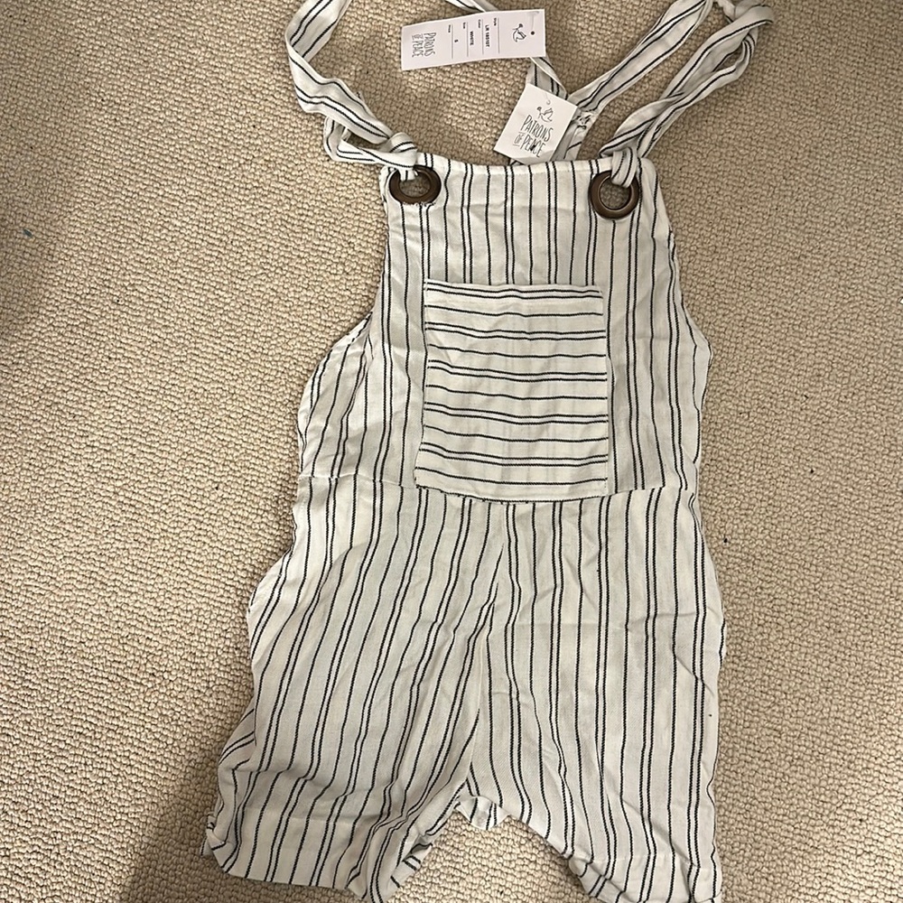 white and black shorts overalls: patron and peace - with tag